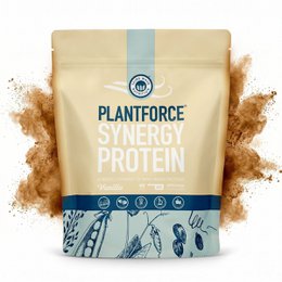 Plant-based protein powder, vanilla flavor, beige pouch, nutritional supplement, vegan synergy blend.