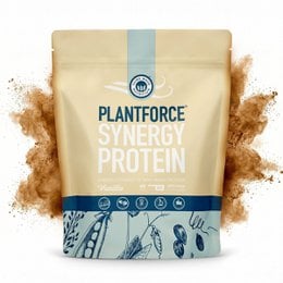 Plant-based protein powder, vanilla flavor, beige pouch, nutritional supplement, vegan synergy blend.