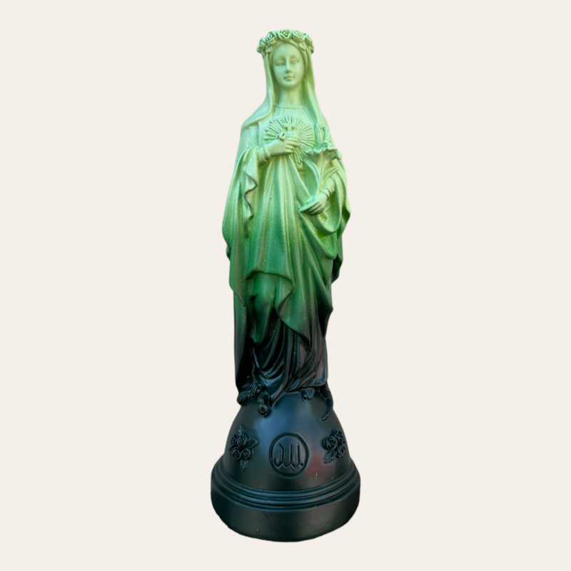 Marie statuette with Tie and Dye colored flowers