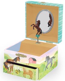  Horse music box, turquoise and green, farm animals, dancing horse figurine, children's jewelry box.
