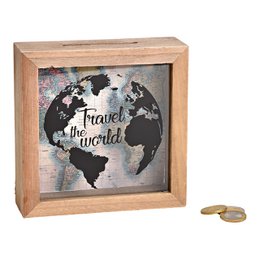  A wooden money box with a world map design and the text "Travel the world" printed on it. The box measures 15 x 15 x 5 cm and is suitable for storing coins or other small items.