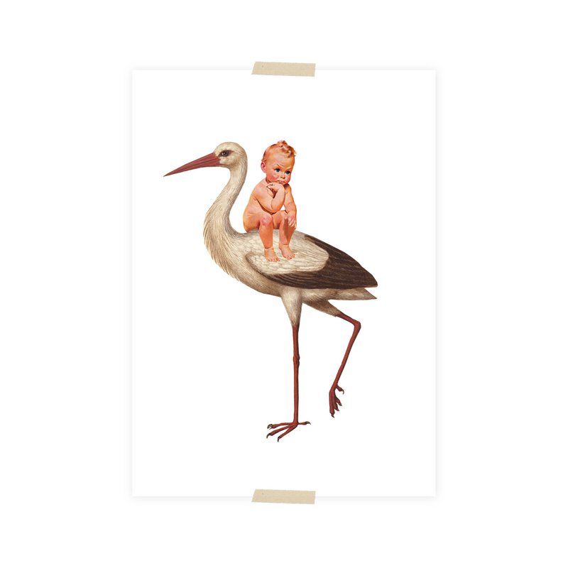 Postkort collage baby med stork