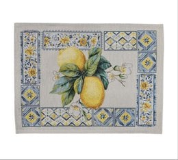 Coastal Lemons Breakfast Placemat in Gobelin. Rectangular placemat with a decorative border featuring a lemon motif in shades of yellow, green, and blue.