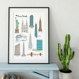 Iconic landmarks and architecture of New York City, including the Statue of Liberty, Empire State Building, and skyscrapers, depicted in a stylized illustration.