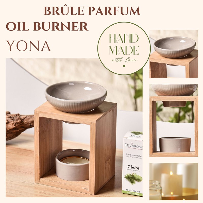 Parfumebrænder Naturea-serien - Yona - i bambus og keramik - Sund diffusionsduftende voks, fondanter - gaveidé