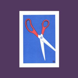 A poster featuring a pair of red scissors against a blue background. The scissors appear to be the main focus of the image, which has a minimalist and graphic design style.
