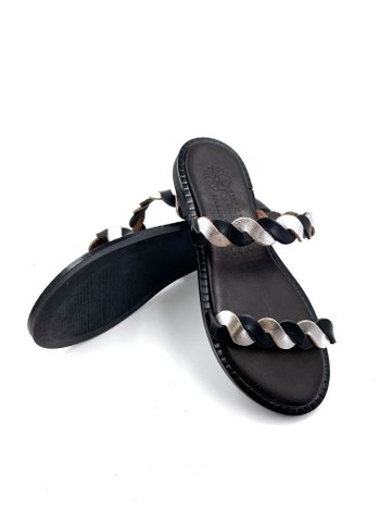 Platte leren sandalen voor dames met open teen, Griekse zomersandalen, leren platte sandalen voor dames zwart en wit, Sandalmania lederen sandalen