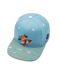 A light blue snapback hat with a cartoon mouse character wearing a surfboard graphic on the front panel. The hat is designed for children aged 1-8 years old.