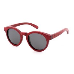 Bamboo sunglasses in a dark red volcano color with round frames and gray lenses.