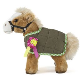  A plush horse toy with a brown jacket and a pink flower on its harness. The horse is approximately 23cm tall.