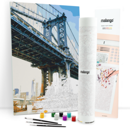 Painting of the iconic Manhattan Bridge in New York City, featuring its distinctive steel structure and cityscape in the background.