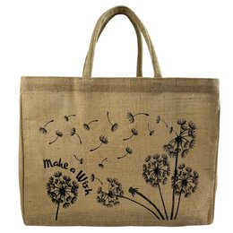  A large, water-repellent jute shopping bag with a dandelion design. The bag is made of sustainable materials and has a spacious 25-liter capacity, making it suitable for beach trips, grocery shopping, or everyday use.