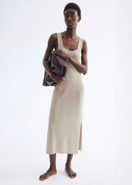  Beige knit sleeveless midi dress, soft textured material, casual elegant style, comfortable fit.