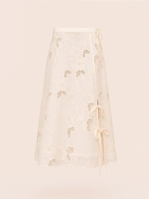 Sunlit Cream Embroidered Midi Skirt