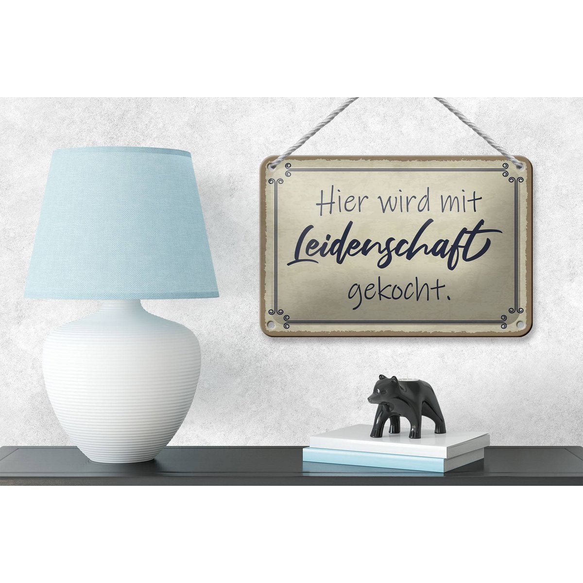 Tin sign saying 18x12cm cooked here with passion decoration