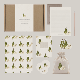 Stationery box with pear pattern, kraft paper, lined notepad, botanical design, eco-friendly craft set.