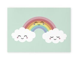 Colorful poster with a rainbow and clouds, suitable for a baby's room.