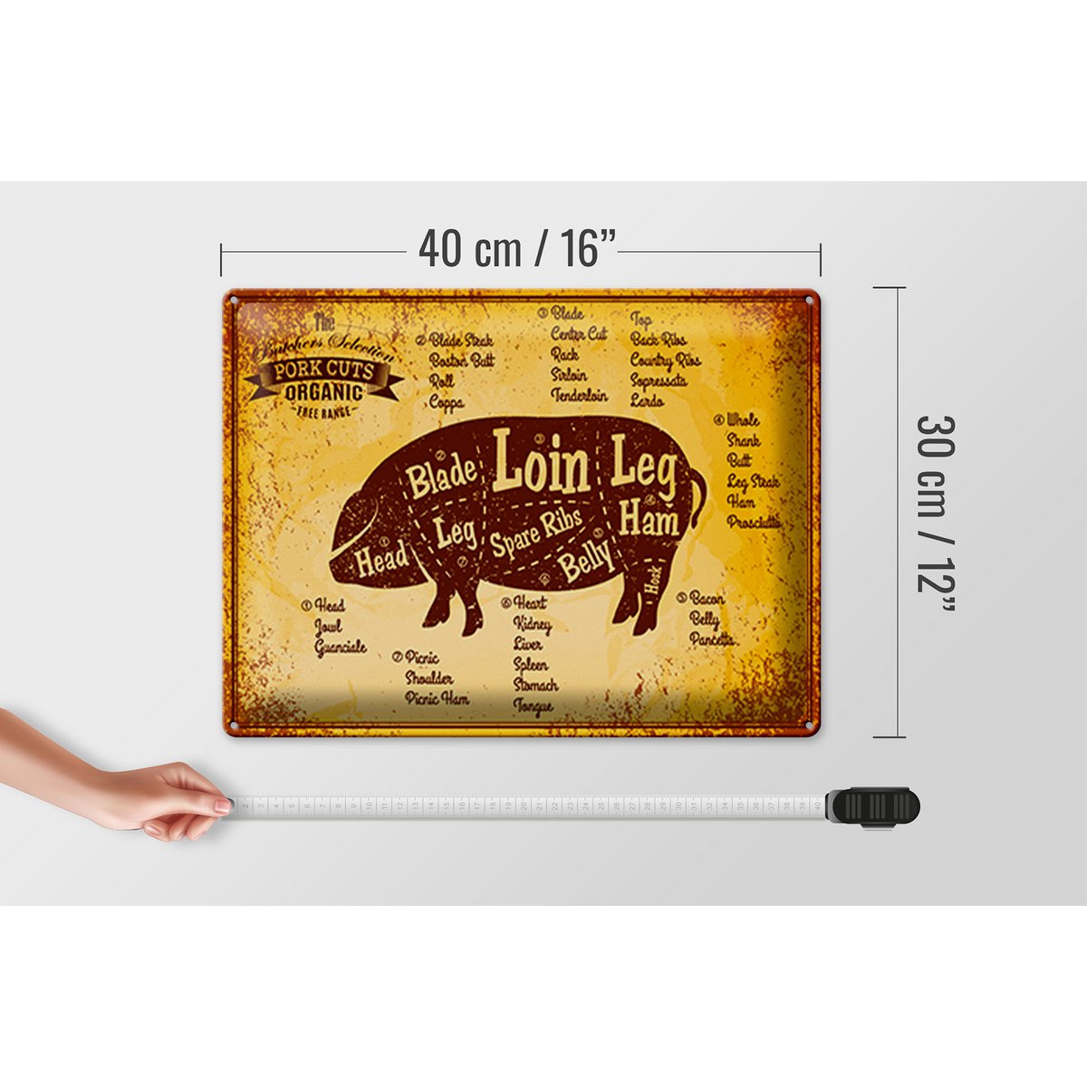 Tin sign butcher shop 40x30cm Pig Pork cuts organic