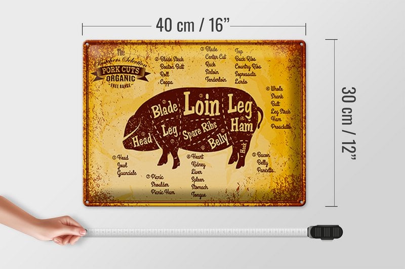 Tin sign butcher shop 40x30cm Pig Pork cuts organic