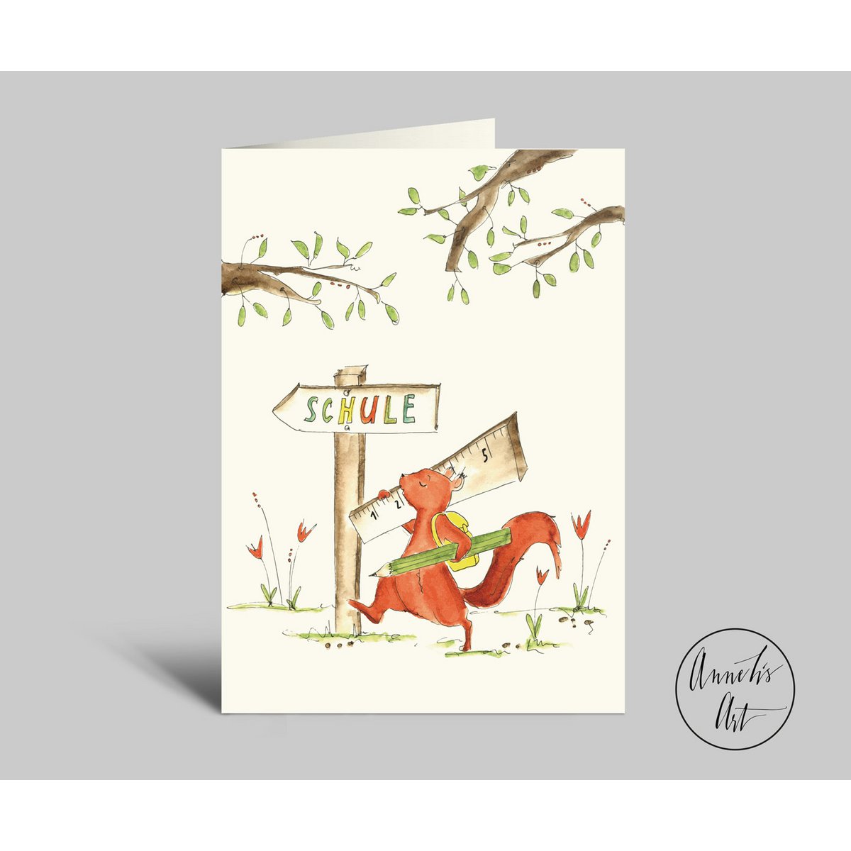 Cute school enrollment card with squirrel on the way to school adventure | Folded card + envelope