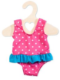  Pink and white polka dot swimsuit for dolls measuring 35-45 cm. Ruffled trim in bright blue color. Suitable for doll clothing.