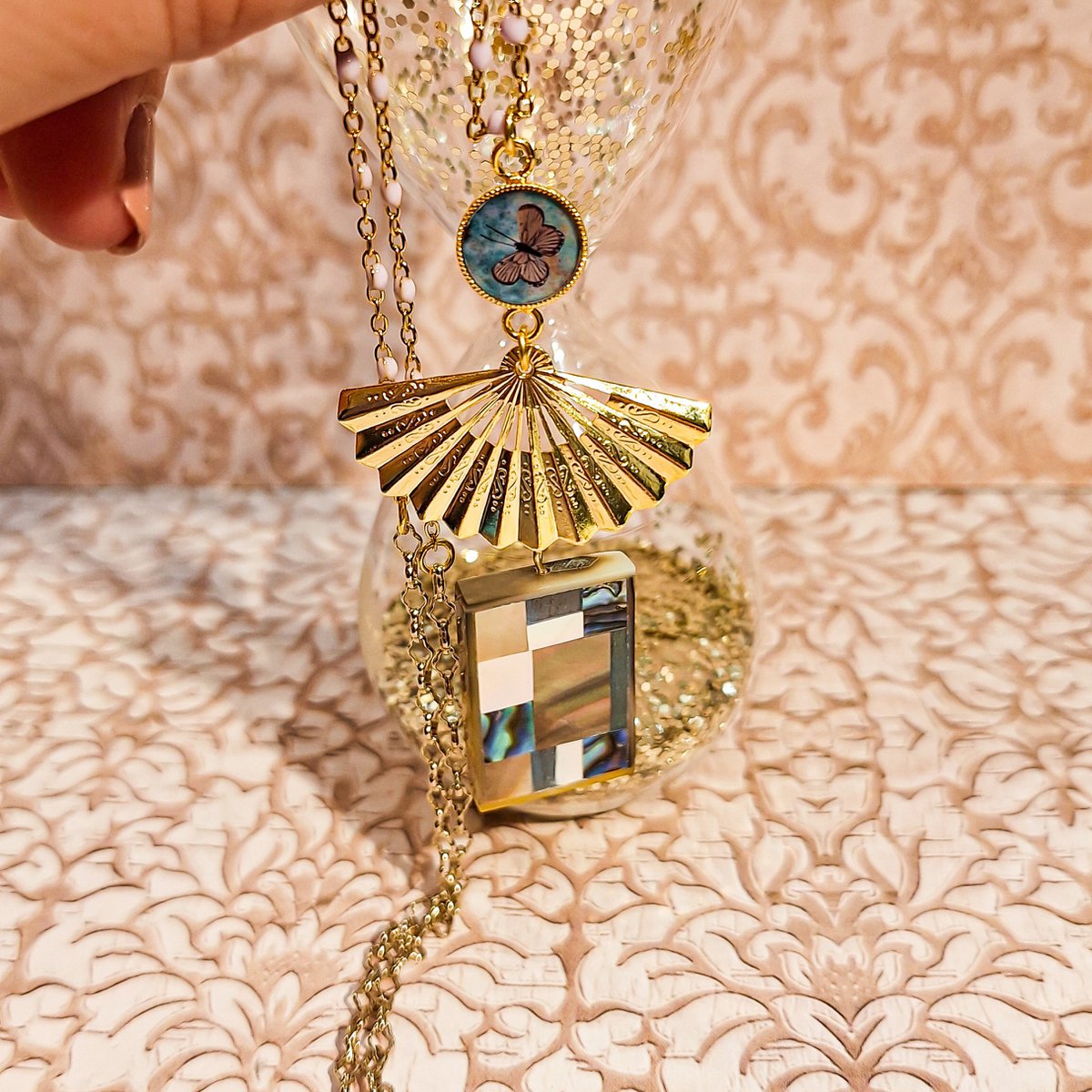 Collier Sautoir Eventail Nacre Feuille Palmier Papillon Bijou acier inoxydable Fête des mères Cadeau Maman