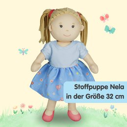 Stof Doll '' Nela '' med kjole til at sætte på og tage af, 32 cm