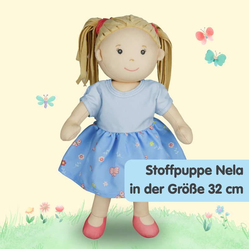 Stof Doll '' Nela '' med kjole til at sætte på og tage af, 32 cm