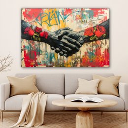 Canvas schilderij - Wanddecoratie Graffiti - Rozen - Handen - Street art - Muurdecoratie woonkamer - Slaapkamer decoratie - Kamer accessoires - Schilderijen op canvas