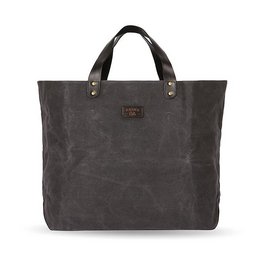 "Ash-colored canvas tote bag with leather accents, suitable for weekend getaways or everyday use. Features a spacious interior and durable construction."