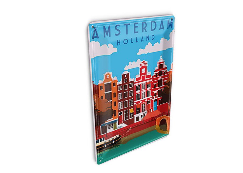 Postal de hojalata de viaje 10x14 cm Amsterdam Holanda casas cartel decorativo del canal