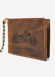 Vintage brown leather wallet with embossed motorcycle design, featuring multiple card slots, a chain, and a rugged, distressed appearance.