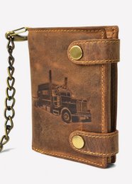  Vintage leather wallet with truck design, featuring a combination wallet design, durable construction, and a rugged, masculine aesthetic.