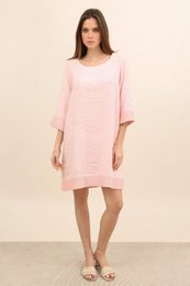 Linen dress in various colors including camel, rose, duck green, white, beige, mole, wasabi, khaki, blue jeans, marine, and black. Loose, flowing silhouette with bell sleeves.