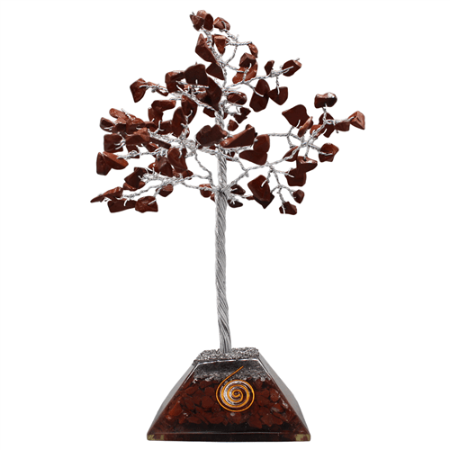 Edelsteinbaum mit rotem Jaspis Orgone Pyramide Basis 100 Perlen