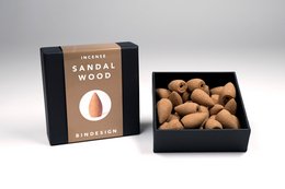 Sandalwood incense cones, natural and earthy aroma, wooden box packaging.