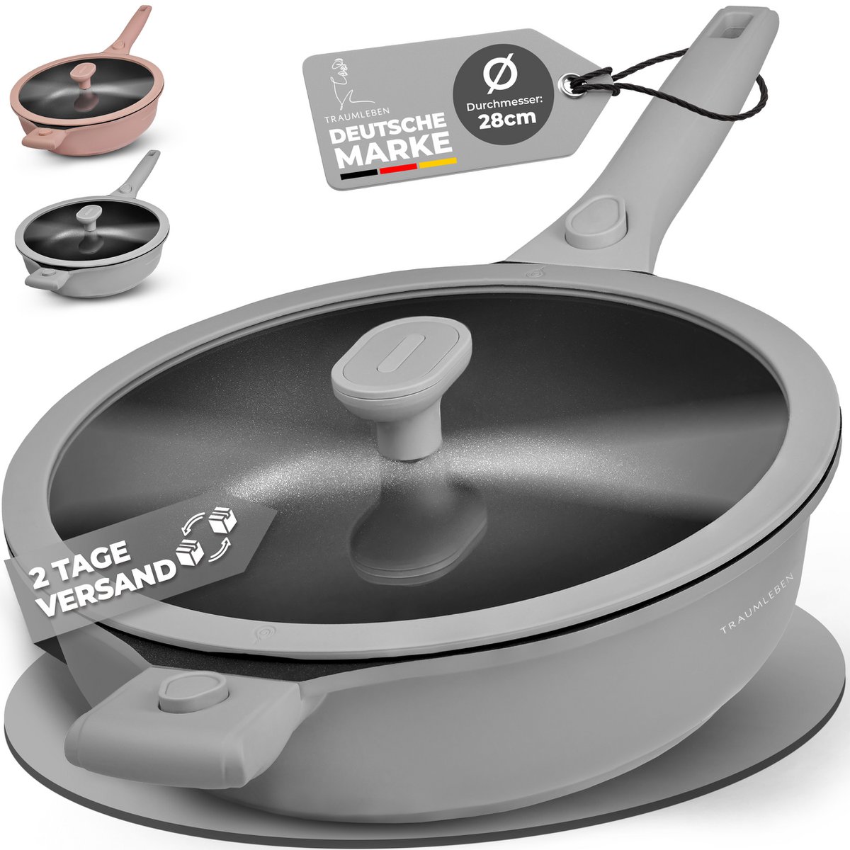 Fry Pan 28 cm, recubrimiento no de palanca, manijas extraíbles, inducción, festival del horno (gris)