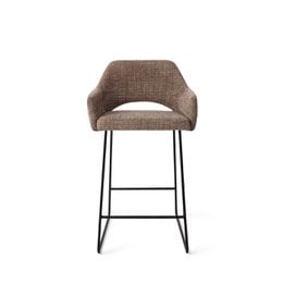 Rust-colored upholstered barstool with black metal frame, suitable for counter height seating.
