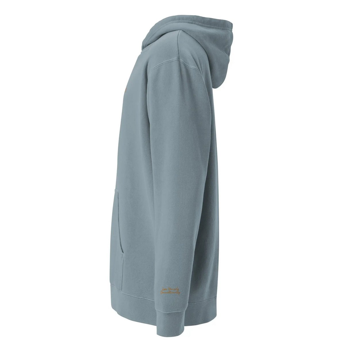 Self Love Unisex pigmentgefärbter Kapuzenpullover mit Altgold-Stickerei | Modischer Kapuzenpullover