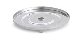 A round, stainless steel gel tray for the LotusGrill XL barbecue. The tray has a smooth, polished surface and a raised edge to contain the gel fuel.