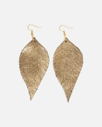 Metallic gold leather feather-shaped earrings with a drop design.