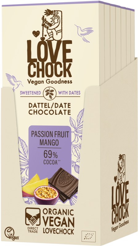 Chokolade sødet med datoer Passionsfrugt Mango 69% Vegansk - Organisk, vegansk, holdbar