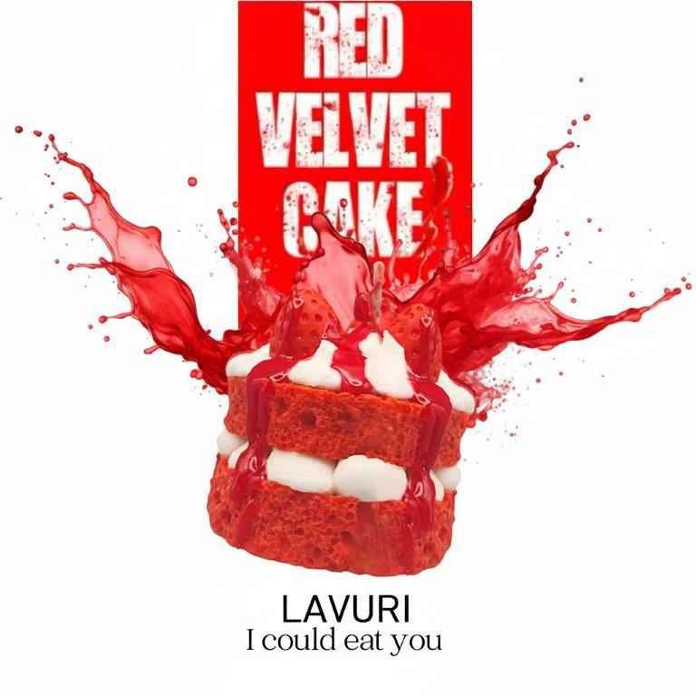 LAVURI® RED Velvet Strawberry cake with whipped cream and fruit as a topping on a red, fluffy cake base – a gourmet dessert candle made from 100% soy wax
