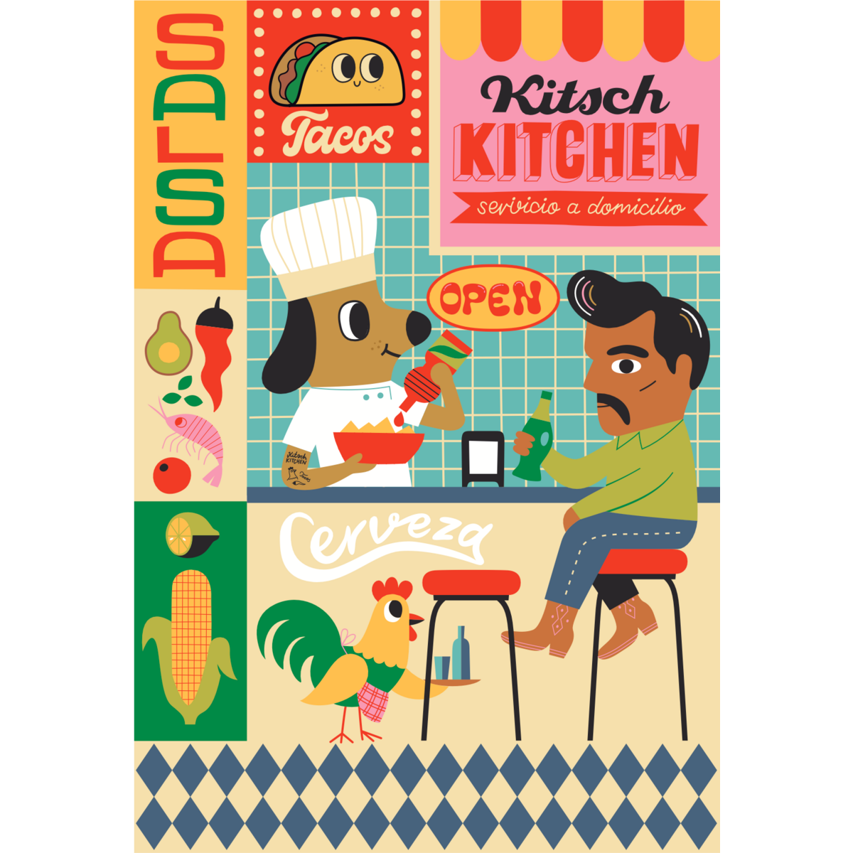 Kitsch Kitchen teatowel El Restaurante el chef