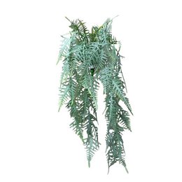  Artificial hanging plant with lush, cascading asparagus plumosus fronds in a soft gray-green color. Ideal for adding greenery and texture to any indoor space.
