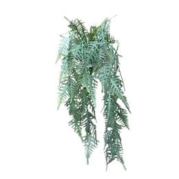 Artificial hanging plant with lush, cascading asparagus plumosus fronds in a soft gray-green color. Ideal for adding greenery and texture to any indoor space.