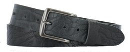 Leather belt with crocodile print, available in grey, black, cognac, and brown colors, and sizes 85, 95, 105, and 115.