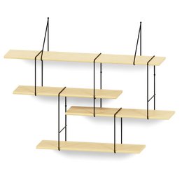 Ash and black modular shelving unit with multiple levels and compartments for storage and display.