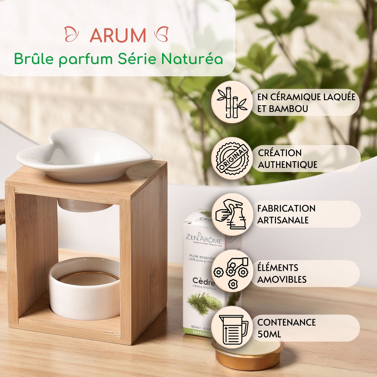 Brûleur Fondant Série Naturea Arum – Design Moderne et Epuré en Céramique et Bambou – Bougeoir Aromathérapie Diffuseur d'Arôme