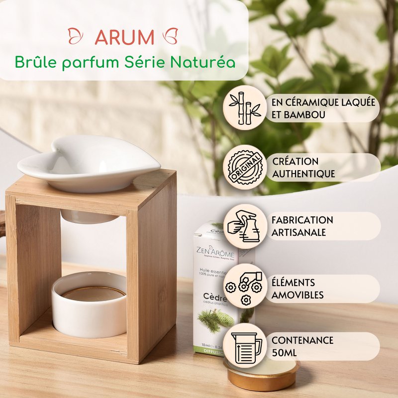 Brûleur Fondant Série Naturea Arum – Design Moderne et Epuré en Céramique et Bambou – Bougeoir Aromathérapie Diffuseur d'Arôme